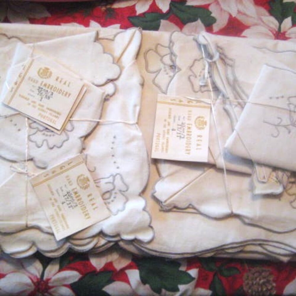 Vintage New Old Tablecloth & 8 Napkins Azure Portugal 70" X 88" Hand Embroidered